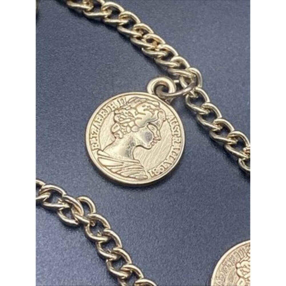 Two Layer Coin Charm Necklace Gold Tone 16/20" Curb Chain 1/2" Elizabeth II Aus - Picture 7 of 9